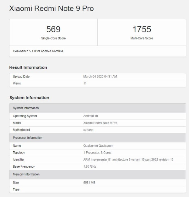 Redmi Note 9 Pro «засветился» в Geekbench с чипом Qualcomm и Android 10 на борту - «Смартфоны»